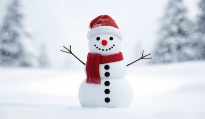 Fototapeta premium snowman with red hat and red scarf