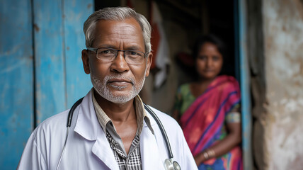 Confident indian doctor wearing white coat and stethoscope posing outside clinic
