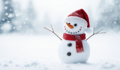 snowman with red hat and scarf background snow