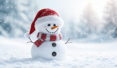 snowman with red hat and scarf background snow