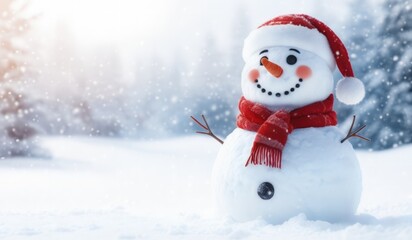 Obraz premium snowman with red hat and scarf background snow