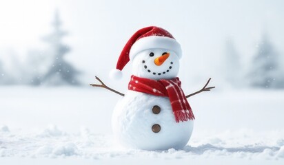 Obraz premium snowman with red hat and scarf background snow