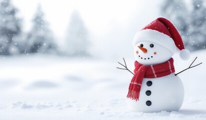 Obraz premium snowman with red hat and scarf background snow