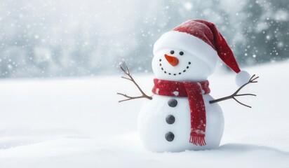 Obraz premium snowman with red hat and scarf background snow