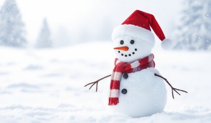 Obraz premium snowman with red hat and scarf background snow