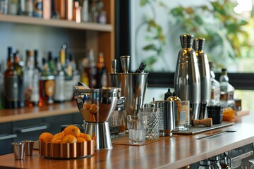 A stylish home bar with a variety of spirits and cocktail tools
