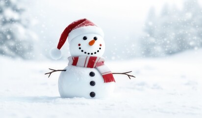 Fototapeta premium snowman with red hat and scarf background snow