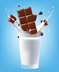 Milk splashing and Chocolate bar splashing in the middle isolated on background, Vector realistic in 3d illustration. Food concepts.Gradient Mesh