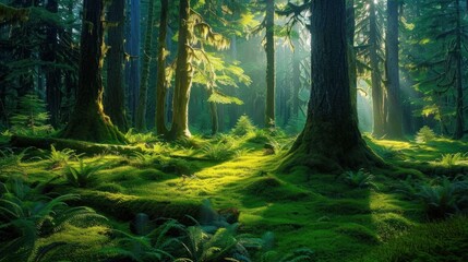 Obraz premium a serene forest setting with sunlight filtering through the trees, illuminating the mist and highlighting the lush greenery