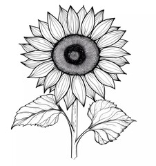 Fototapeta premium black and white sunflower line art clipart on solid background, white space around the drawing