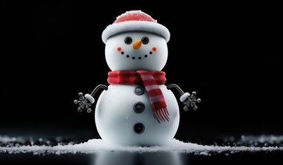 Fototapeta premium robot ai snowman with hat and scarf black background