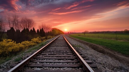 Obraz premium beautiful view of the railway line stretching into the distance towards the sunset