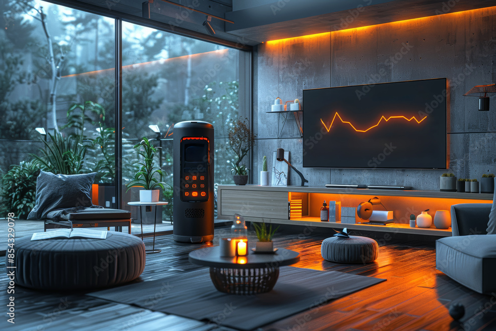 Poster a smart home hub controlling various devices with voice commands. concept of home automation technol