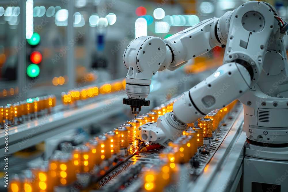Poster a robotic arm assembling components on a production line. concept of industrial automation and effic