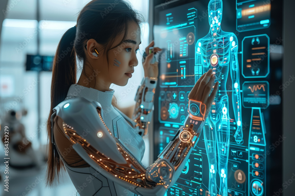 Poster a person interacting with a virtual assistant on a smartphone. concept of ai-powered personal assist