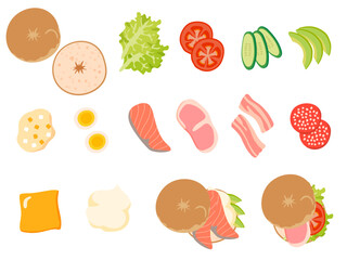 ベーグルサンドイッチの具材と出来上がったベーグルサンドをセットにしたベクターイラストレーション