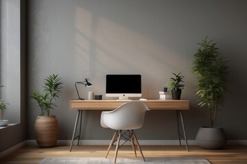 Fototapeta premium Interior home office of workplace with workspace desk and desktop computer monitor on gray wall