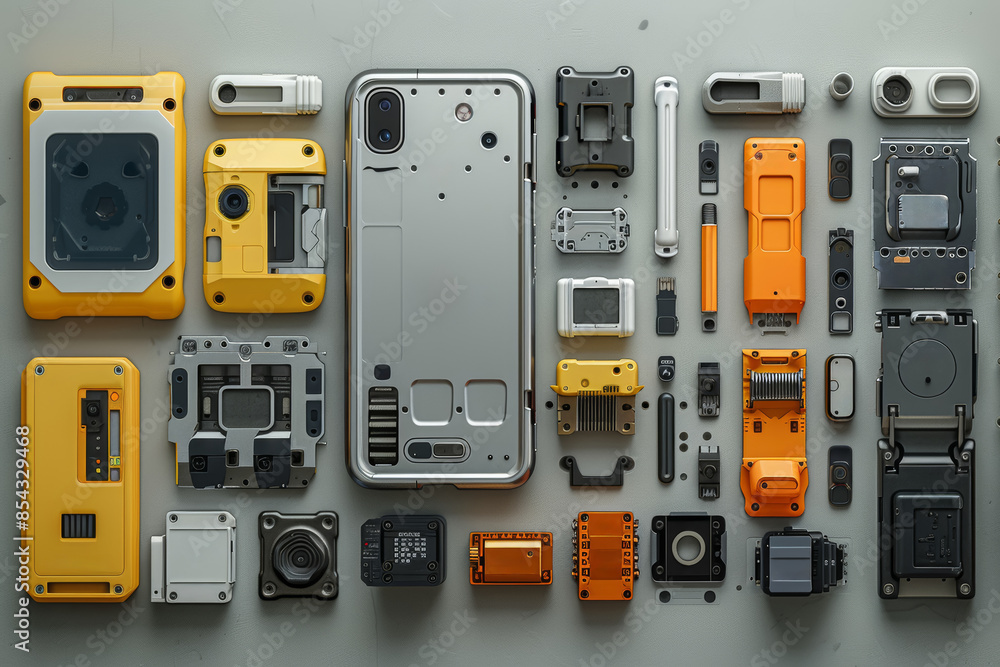 Poster a modular smartphone with interchangeable components. concept of customizable consumer electronics. 