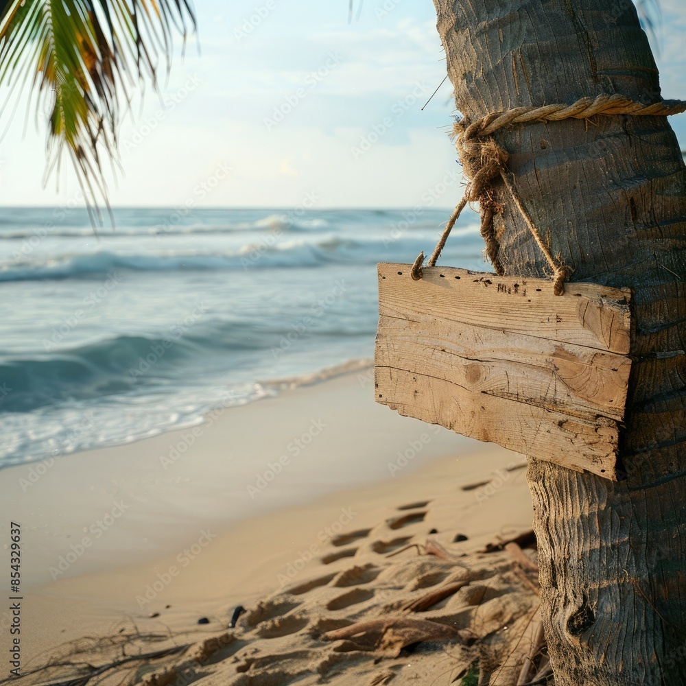 Poster a rustic wooden signboard attached to a palm tree trunk on a sandy beach, with gentle waves lapping 