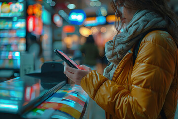 Obraz premium A person using a mobile payment app to make a purchase. Concept of digital finance and cashless transactions. Generative Ai.