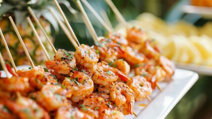 Islandinspired appetizers such as coconut shrimp and pineapple skewers passed around to guests as they mingle.