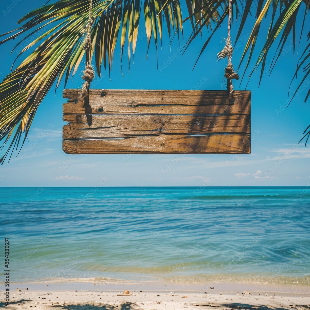 Poster an empty wooden signboard hanging from a palm tree on a pristine tropical beach, with clear turquois