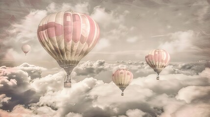 Fototapeta premium Vintage hot air balloons, pink and white patterns, wide-angle view, floating above clouds, nostalgic and charming 