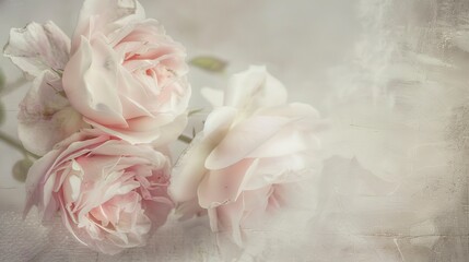 Obraz premium Vintage pink roses on a muted background, close-up view, soft and romantic, with a nostalgic feel