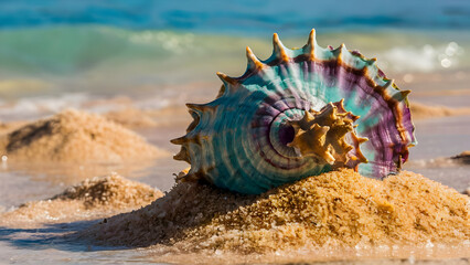 Obraz premium Seashell's kaleidoscope of colors on golden shore