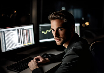 Programador de software en su escritorio en la oscuridad. Concepto de teletrabajo. IA generativa