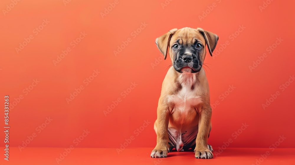 Wall mural a cute puppy sitting on a solid color background with space above for text