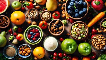 AI generated, photography, top down view, assortment, fruits, nuts, healthy, vibrant colors, fresh produce, mixed nuts, food styling, culinary art, natural textures, organic food, nutritious, still li