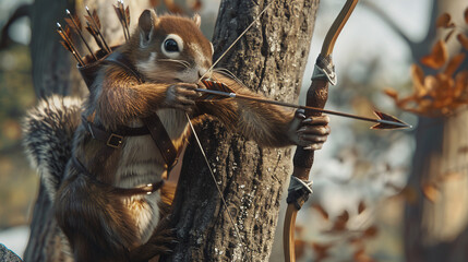 Squirrel archer with arrows in mouth, high detail wildlife photography