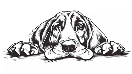 Basset Hound dog peeking over the edge, line art vector illustration on a white background.