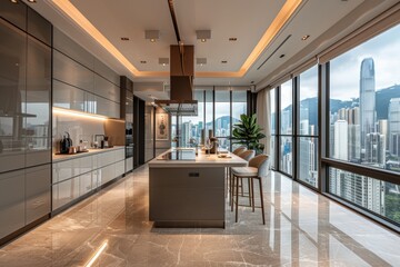 A modern kitchen with a large window overlooking the city
