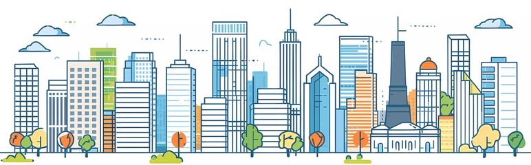 vector sketch of buildings skyline cityscape simple line drawing white background