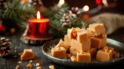 Butterscotch Fudge with Christmas Candle on Plate against Dark Background
