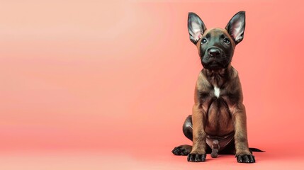 A cute Belgian Malinois puppy sitting on a solid pastel background with space above for text