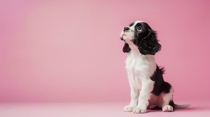 A cute English Springer Spaniel puppy sitting on a solid pastel background with space above for text