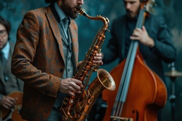 A man playing a saxophone in front of a man playing a cello