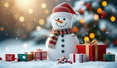 Fototapeta premium merry christmas tree with gifts and snowman. merry. red hat. smile. white. snow. happy. 