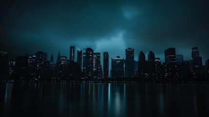 Obraz premium City skyline during a power outage, buildings dark with only a few emergency lights, creating a dramatic and eerie atmosphere Night sky and shadows Copy space