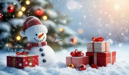 merry christmas tree with gifts and snowman. merry. red hat. smile. white. snow. happy. 