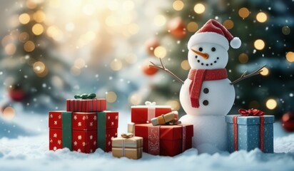 merry christmas tree with gifts and snowman. merry. red hat. smile. white. snow. happy. 