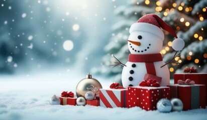 Obraz premium merry christmas tree with gifts and snowman. merry. red hat. smile. white. snow. happy. 