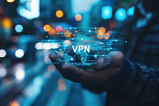 VPN virtual private network security internet tunneling protocol concept. Man using VPN to Remote Server