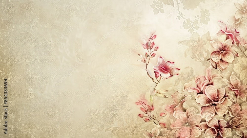 Poster a card featuring ornate calligraphy and intricate floral patterns in a delicate, romantic style.