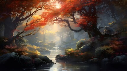 Autumn forest landscape with river and trees. Digital painting. 3d illustration