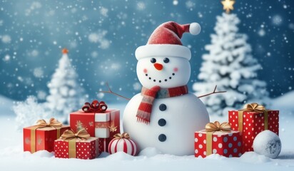 Fototapeta premium merry christmas tree with gifts and snowman. merry. red hat. smile. white. snow. happy. 