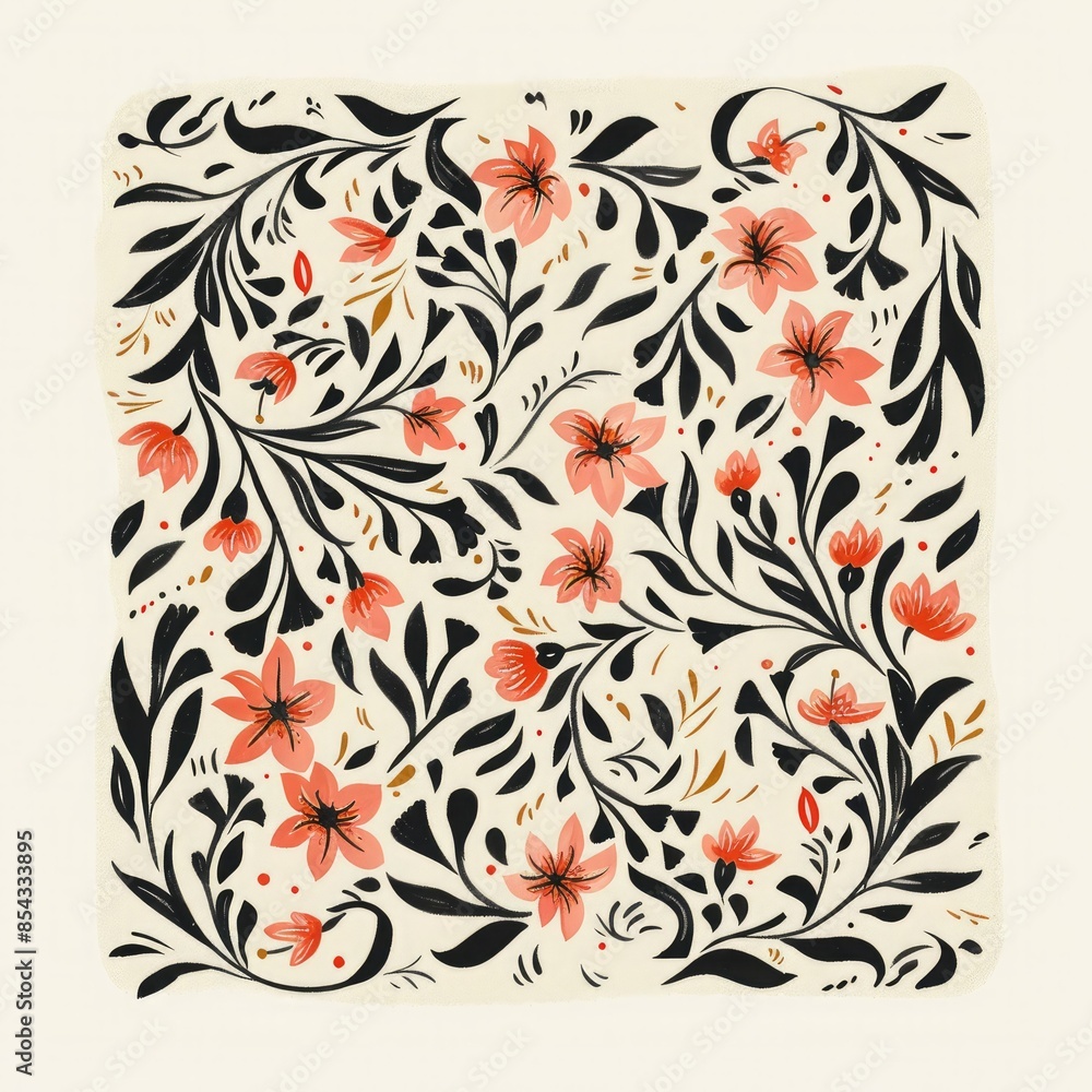 Poster a card featuring ornate calligraphy and intricate floral patterns in a delicate, romantic style.